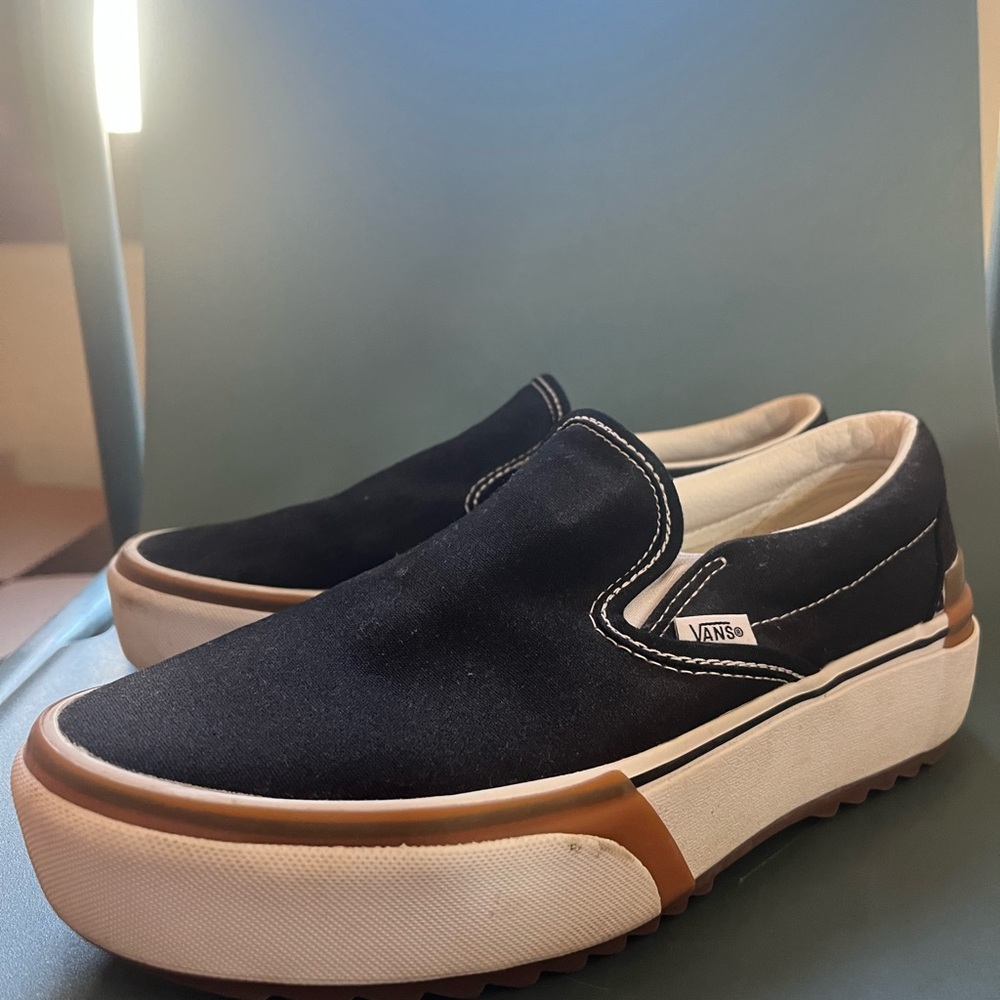 Vans Black Slip-On Platform Sneakers with Brown Accent